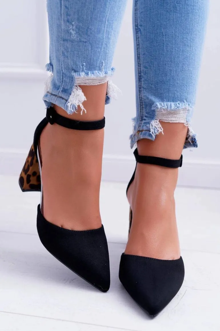 Czółenka Damskie Na Słupku Panterki Czarne Ferri