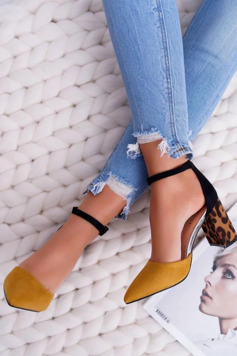 Czółenka Damskie Na Słupku Panterki Żółte Ferri