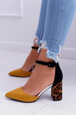 Czółenka Damskie Na Słupku Panterki Żółte Ferri