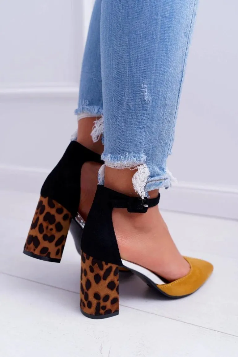 Czółenka Damskie Na Słupku Panterki Żółte Ferri