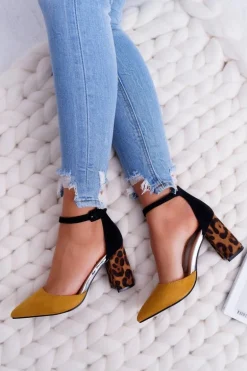 Czółenka Damskie Na Słupku Panterki Żółte Ferri