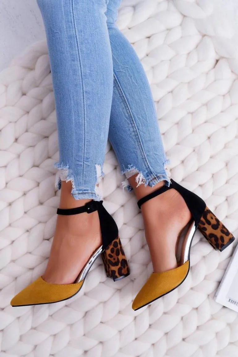 Czółenka Damskie Na Słupku Panterki Żółte Ferri