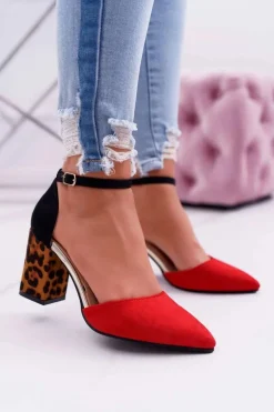 Czółenka Damskie Na Słupku Panterki Czerwone Ferri