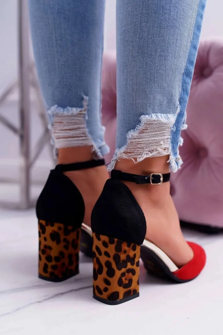 Czółenka Damskie Na Słupku Panterki Czerwone Ferri