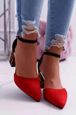 Czółenka Damskie Na Słupku Panterki Czerwone Ferri