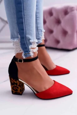 Czółenka Damskie Na Słupku Panterki Czerwone Ferri