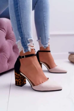 Czółenka Damskie Na Słupku Panterki Beżowe Ferri