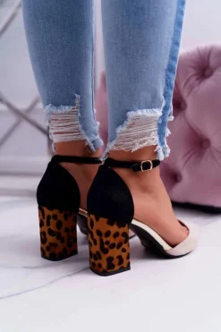 Czółenka Damskie Na Słupku Panterki Beżowe Ferri