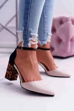 Czółenka Damskie Na Słupku Panterki Beżowe Ferri