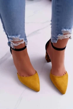 Czółenka Damskie Na Słupku Panterki Żółte Ferri