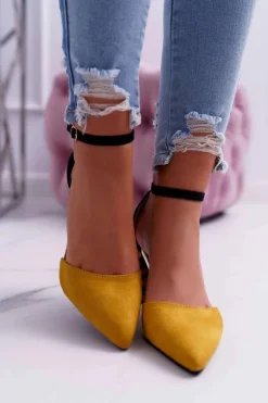 Czółenka Damskie Na Słupku Panterki Żółte Ferri