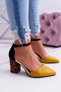 Czółenka Damskie Na Słupku Panterki Żółte Ferri