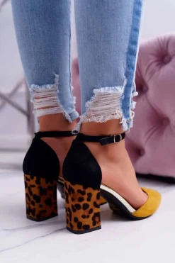 Czółenka Damskie Na Słupku Panterki Żółte Ferri