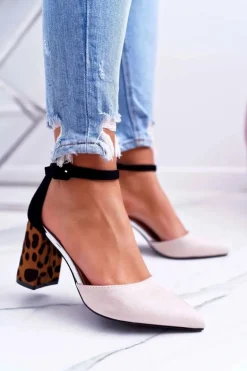 Czółenka Damskie Na Słupku Panterki Beżowe Ferri