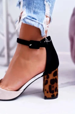 Czółenka Damskie Na Słupku Panterki Beżowe Ferri