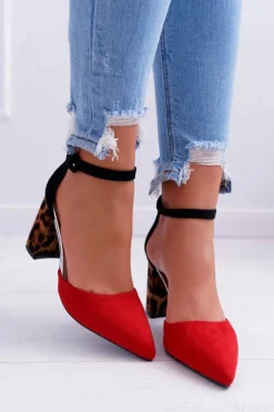 Czółenka Damskie Na Słupku Panterki Czerwone Ferri