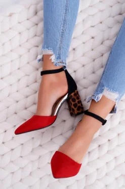 Czółenka Damskie Na Słupku Panterki Czerwone Ferri