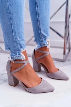 Czółenka Damskie Na Słupku W Szpic Szary Cosmo