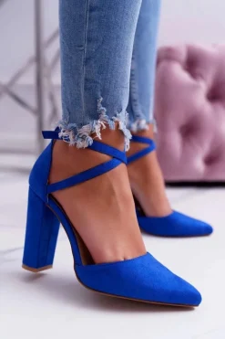 Czółenka Damskie Na Słupku W Szpic Niebieskie High Traffic