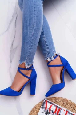 Czółenka Damskie Na Słupku W Szpic Niebieskie High Traffic