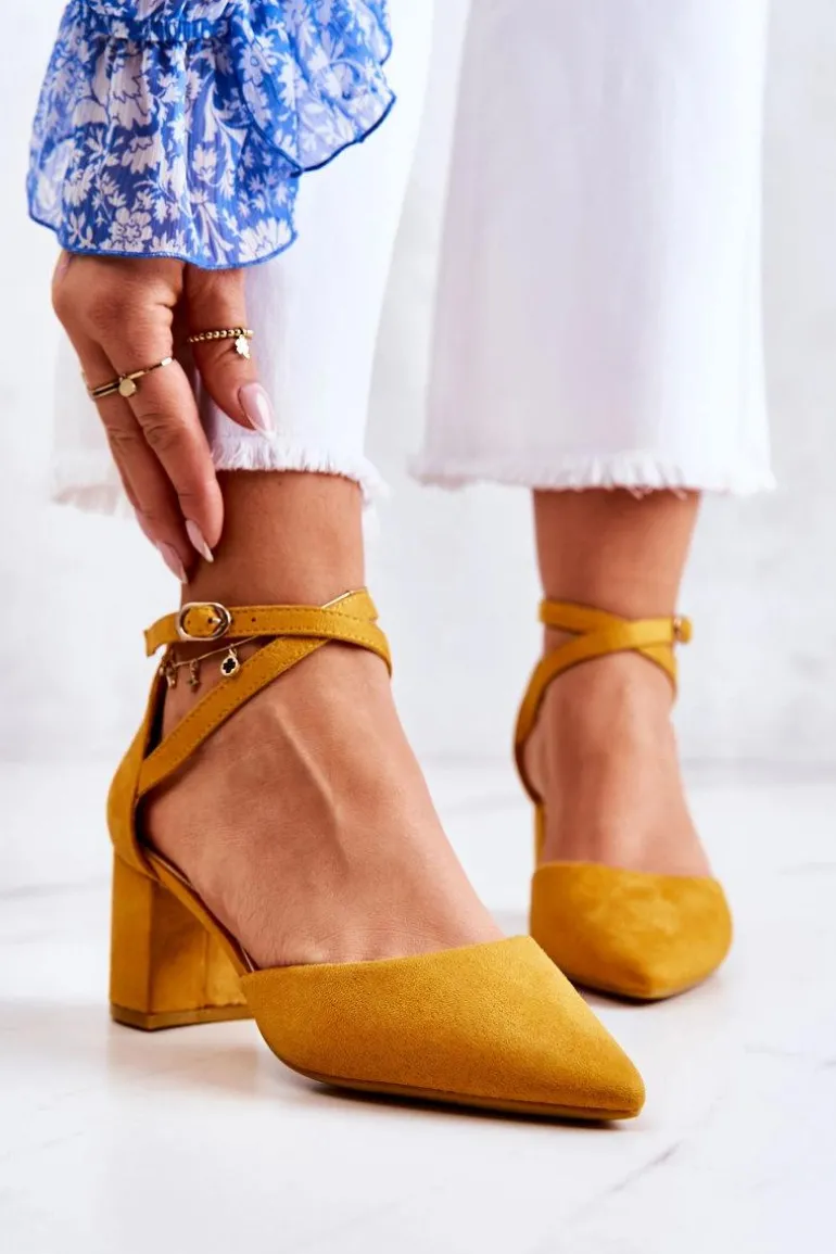 Czółenka Damskie Na Słupku W Szpic Żółte Cosmo