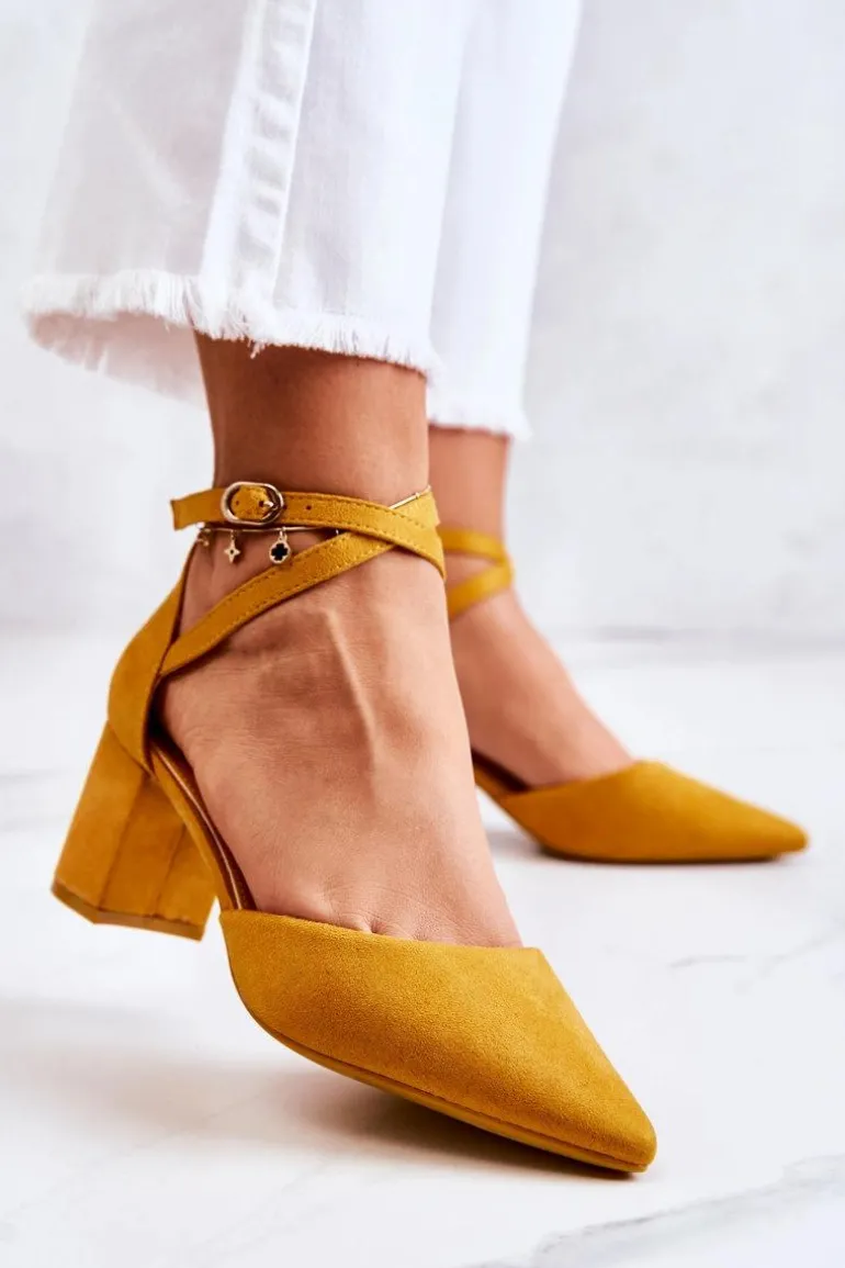 Czółenka Damskie Na Słupku W Szpic Żółte Cosmo