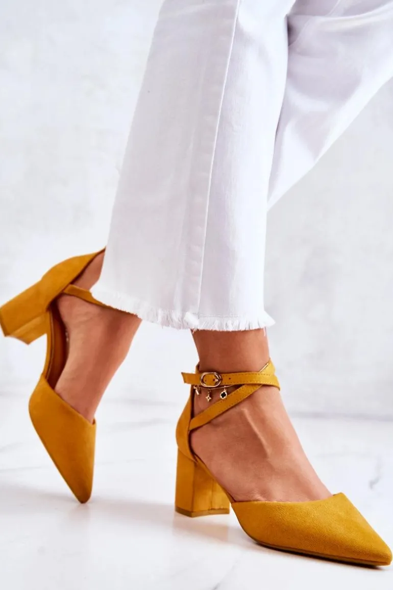 Czółenka Damskie Na Słupku W Szpic Żółte Cosmo