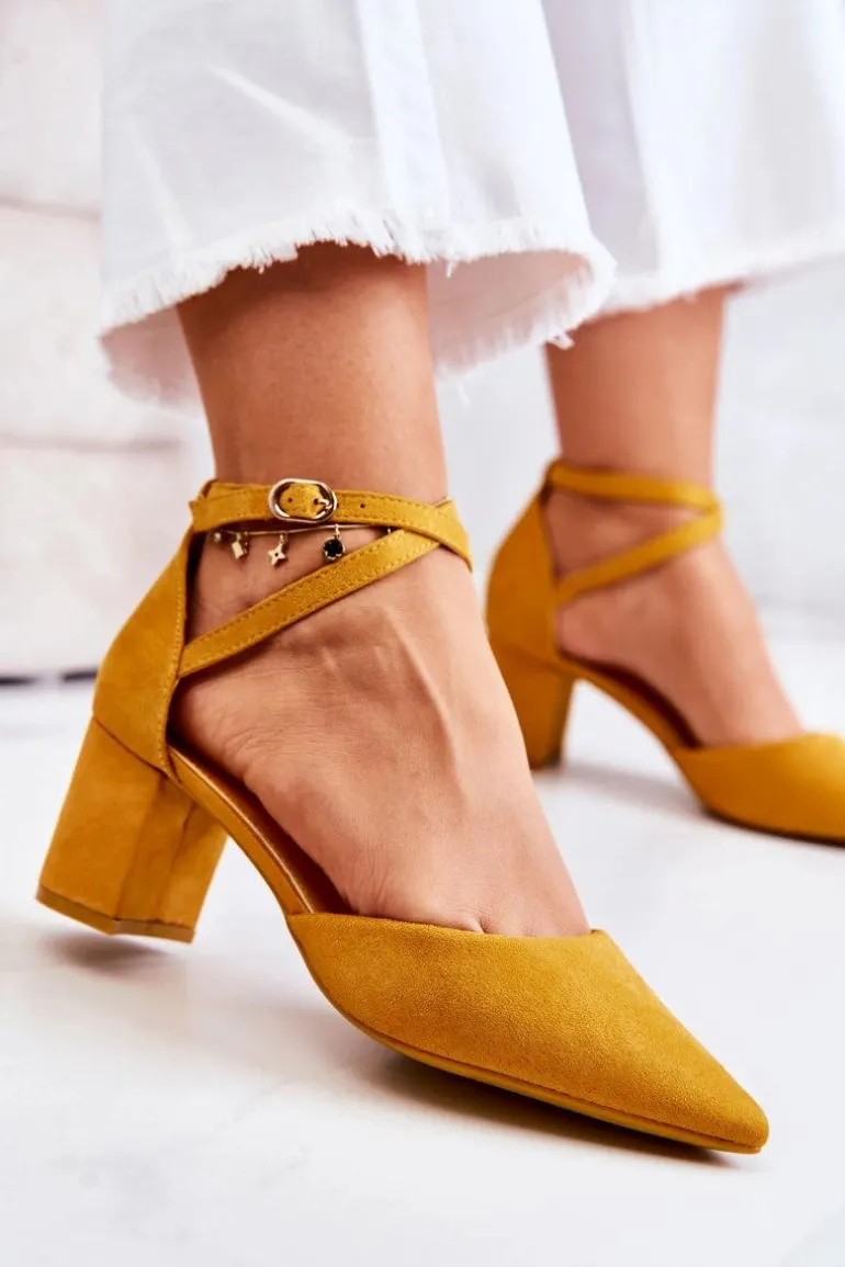 Czółenka Damskie Na Słupku W Szpic Żółte Cosmo