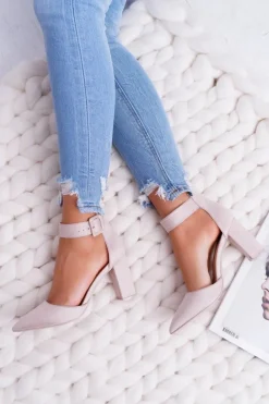 Czółenka Damskie Na Słupku W Szpic Beżowe Domine