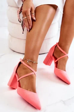 Czółenka Damskie Na Słupku W Szpic Neonowy Róż Future