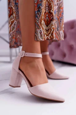 Czółenka Damskie Na Słupku W Szpic Beżowe Elegante