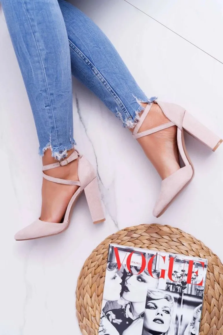 Czółenka Damskie Na Słupku W Szpic Beżowe High Traffic