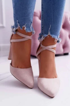 Czółenka Damskie Na Słupku W Szpic Beżowe High Traffic