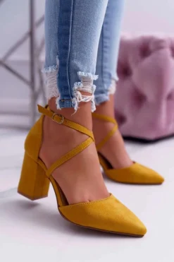 Czółenka Damskie Na Słupku W Szpic Żółte Traffic