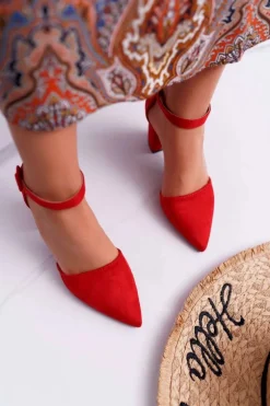 Czółenka Damskie Na Słupku W Szpic Czerwone Elegante