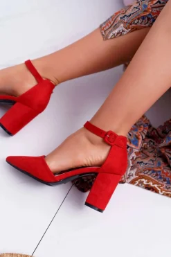 Czółenka Damskie Na Słupku W Szpic Czerwone Elegante