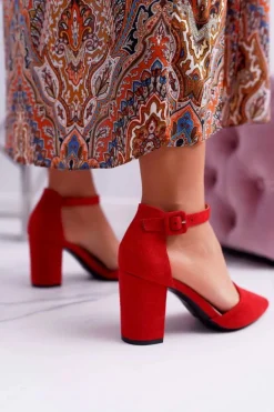 Czółenka Damskie Na Słupku W Szpic Czerwone Elegante