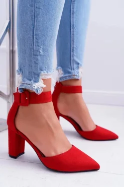 Czółenka Damskie Na Słupku W Szpic Czerwone Domine