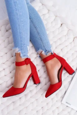 Czółenka Damskie Na Słupku W Szpic Czerwone Domine