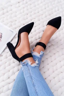 Czółenka Damskie Na Słupku W Szpic Czarne Domine