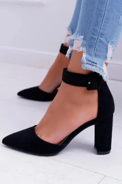 Czółenka Damskie Na Słupku W Szpic Czarne Domine