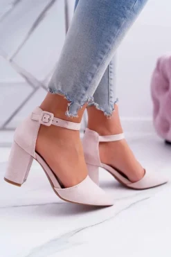 Czółenka Damskie Na Słupku W Szpic Beżowe MadamStyle