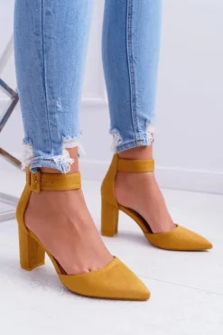 Czółenka Damskie Na Słupku W Szpic Żółte Domine