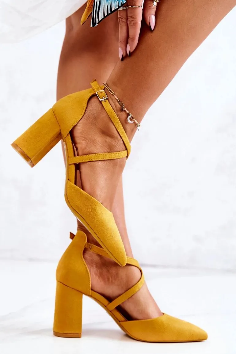 Czółenka Damskie Na Słupku W Szpic Żółte Future