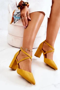 Czółenka Damskie Na Słupku W Szpic Żółte Future