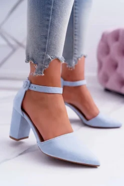 Czółenka Damskie Na Słupku W Szpic Niebieskie MadamStyle