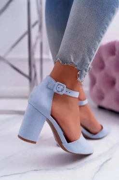 Czółenka Damskie Na Słupku W Szpic Niebieskie MadamStyle