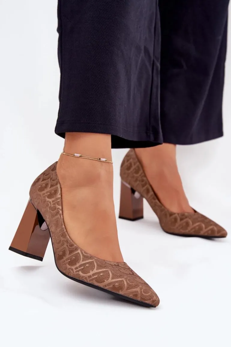 Czółenka Damskie Na Słupku Z Ozdobnym Tłoczeniem Vinceza 62254 Brązowe