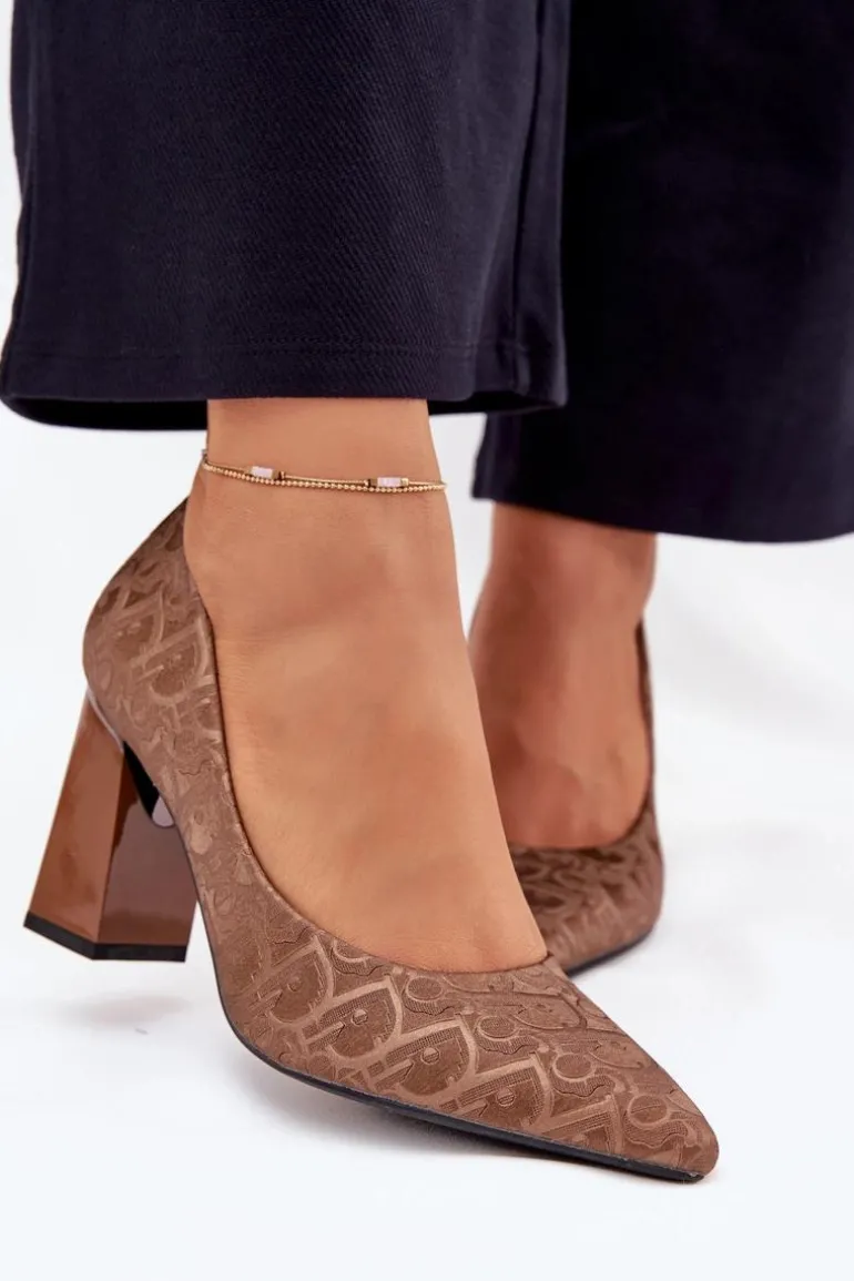 Czółenka Damskie Na Słupku Z Ozdobnym Tłoczeniem Vinceza 62254 Brązowe