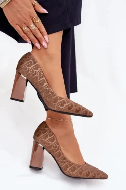 Czółenka Damskie Na Słupku Z Ozdobnym Tłoczeniem Vinceza 62254 Brązowe
